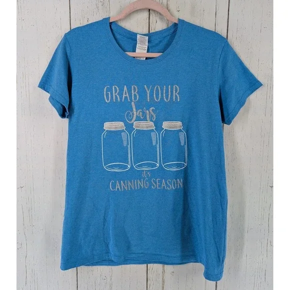 Gildan Size Large Womens Blue Canning Graphic Short Sleeve Casual Top - Picture 1 of 8
